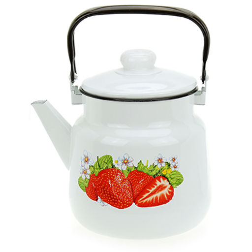 "Клубника-Д" Чайник эмалированный 3,5л, металлическая крышка с пластмассовой ручкой-кнопкой, подвижная металлическая ручка, белый (Россия)
