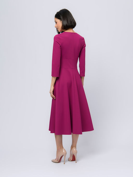 Платье ягодного цвета длины миди с глубоким вырезом и рукавами 3/4 - 1001dress фото 3