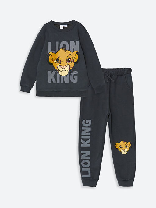 Bisiklet Yaka Uzun Kollu Aslan Kral Bask?l? Erkek ?ocuk Sweatshirt ve E?ofman Alt 2li Tak?m