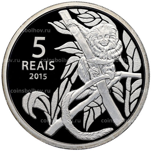 5 реалов 2015 года Бразилия XXXI Олимпийские игры 2016 года в Рио- де-Жанейро Велоспорт и Золотистый львиный тамарин (в квадрокапсуле)