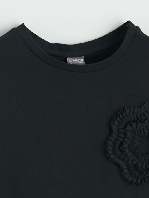 Bisiklet Yaka ?i?ek Aplikeli K?z ?ocuk Ti??rt