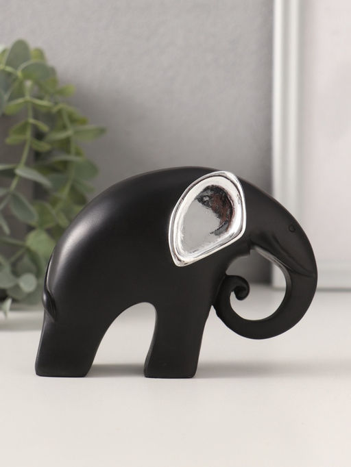 Фигурка «Чёрный слон с ушками хобот завиток», полистоун, серебряный цветок, 12×5×9 см