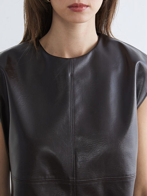 Bisiklet Yaka Deri G?r?n?ml? Bluz