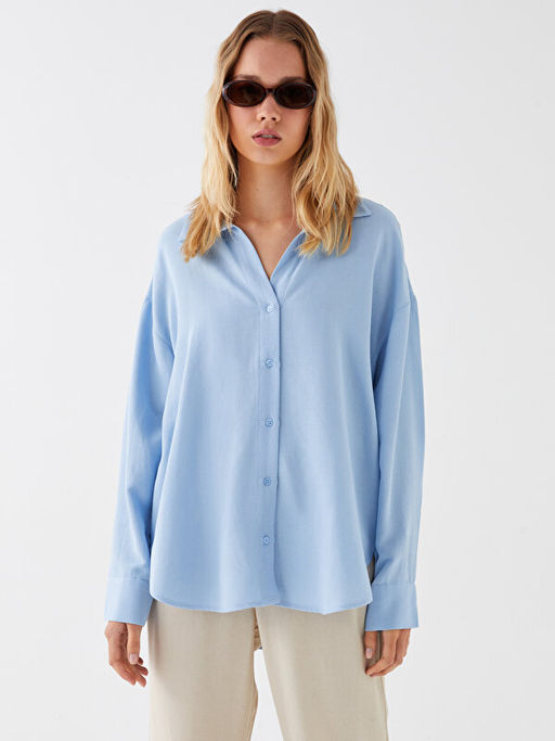 D?z Uzun Kollu Oversize Keten Kar???ml? Kad?n G?mlek