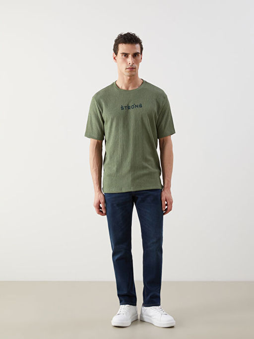 Bisiklet Yaka Bask?l? Erkek Dokulu Ti??rt