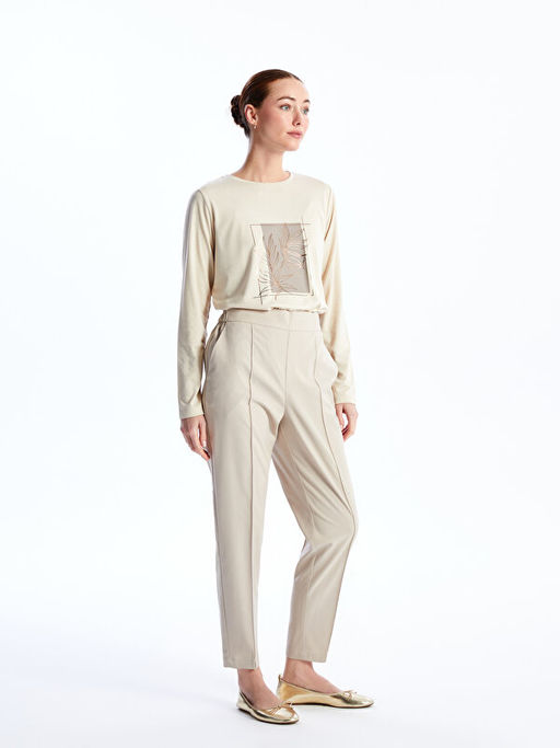 Bisiklet Yaka Bask?l? Uzun Kollu Kad?n Ti??rt