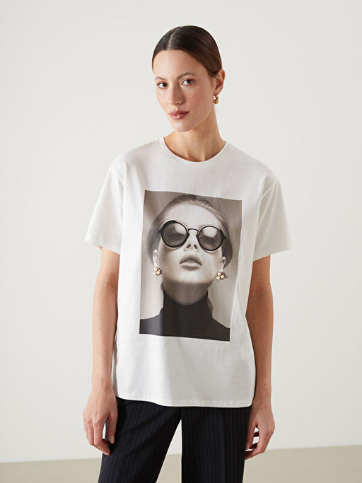 Bisiklet Yaka Bask?l? Kad?n Ti??rt