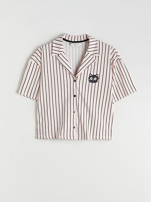 G?mlek Yaka Bask?l? Kad?n Pijama ?st?