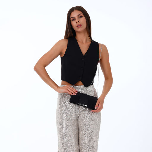 Сумка-клатч женская на магните, на длинной цепочке, чёрная