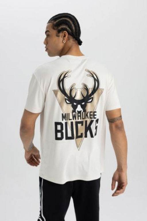 DeFactoFit NBA Milwaukee Bucks Bisiklet Yaka Ag?r Kumas K?sa Kollu Tisort