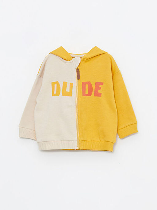 Kap??onlu Uzun Kollu Bask?l? Erkek Bebek Fermuarl? Sweatshirt