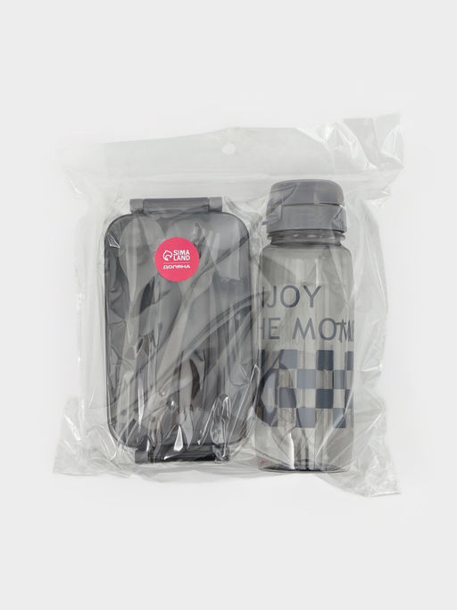 Ланч-бокс, 2 отделения, 2 яруса, с вилкой и ложкой, бутылкой 500мл,20х17х5,5 см, цвет серый   109495