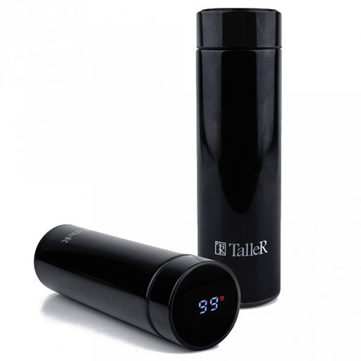Термос из нержавеющей стали с узкой горловиной 0,45л "Морис" д6,3см, h22см, горло д5см, съемная сетка-фильтр, сенсорный индикатор температуры (несъемная батарейка), герметичная крышка, покрытие - черное, глянцевое, "TalleR" (Китай)
