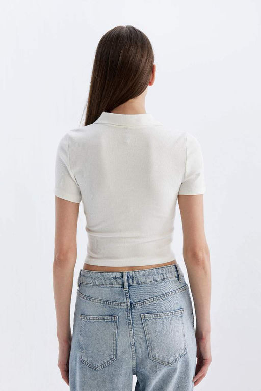 Футболка-поло с короткими рукавами и зауженным кроем в рубчик на камзоле - Defacto фото 6