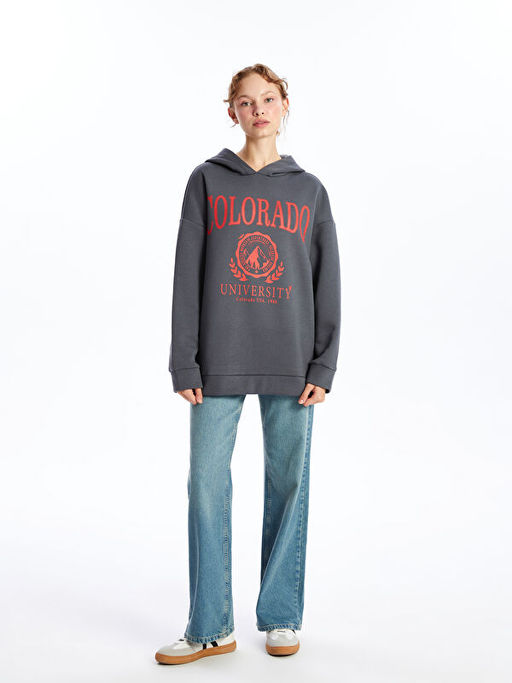 Kap??onlu Bask?l? Oversize Kad?n Kal?n Sweatshirt Tunik