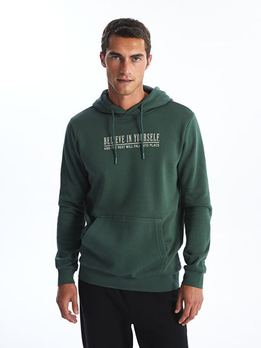 Uzun Kollu Bask?l? Erkek Kal?n Hoodie