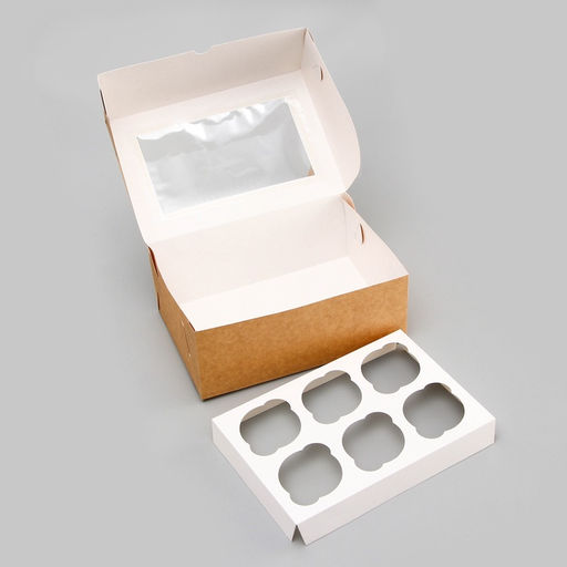 Коробка для 6 капкейков с окном, крафт, 25×17×10 см