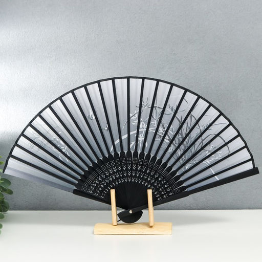 Веер складной h=21 см Бабочки в траве, бамбук, текстиль, чёрно-белый, с кисточкой