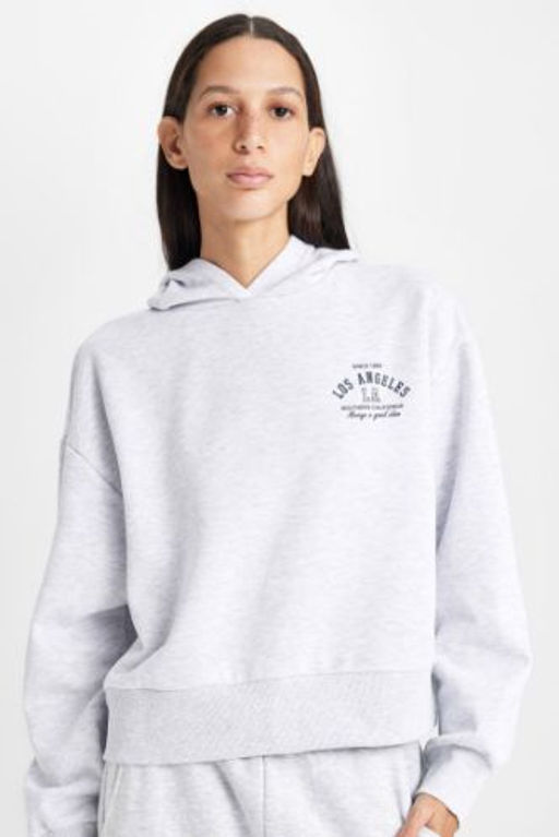 Regular Fit Kapusonlu Bask?l? Kal?n Sweatshirt