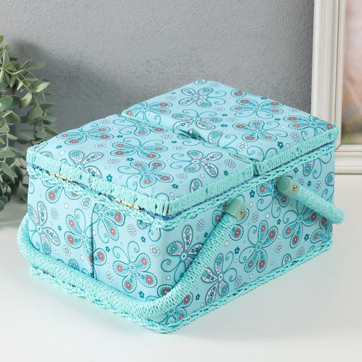 Шкатулка для рукоделия и шитья Бабочки и цветочки на голубом, хранение ниток, иголок, мелочи, 19?26?14.5 см