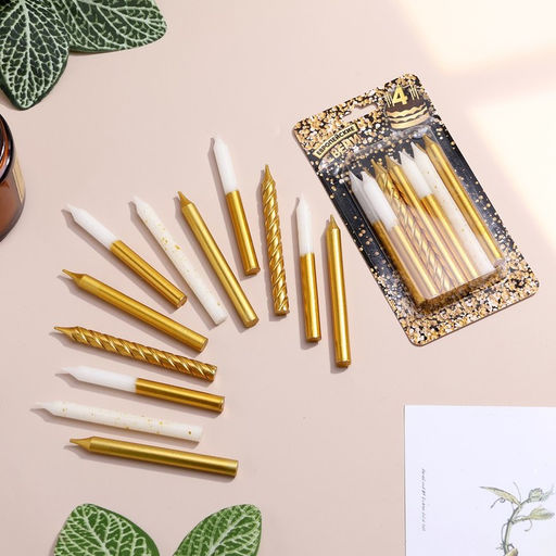 Цена за 2 шт. Свеча для торта «Золотая вечеринка», 12 шт., 8 см, белый и золотой металлик