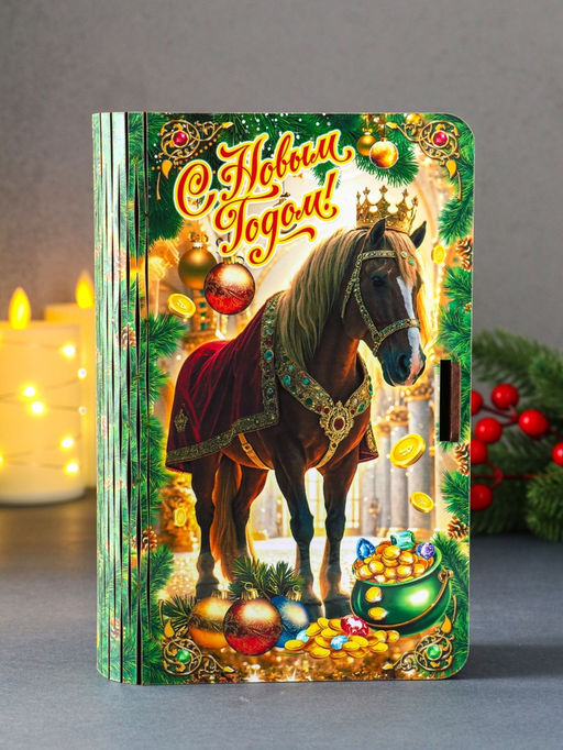 Новогодняя деревянная шкатулка-книга «Конь в мантии с короной: С Новым годом!», для подарков,19×13×5 см