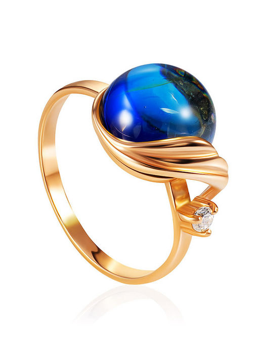 Нарядное кольцо Лебедь с балтийским янтарём синего цвета