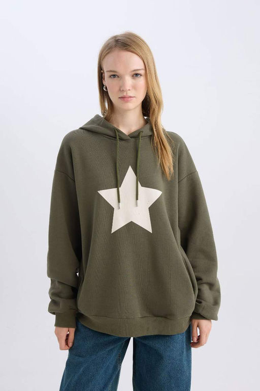 Женская толстая толстая толстовка свободного кроя цвета хаки с капюшоном и принтом на спине, широкий крой - Defacto фото 3