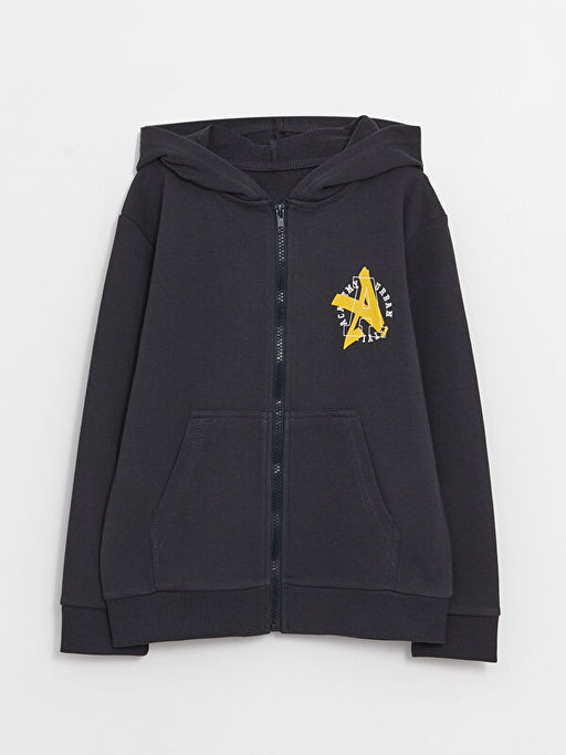 Kap??onlu Bask?l? Uzun Kollu Erkek ?ocuk Fermuarl? Sweatshirt