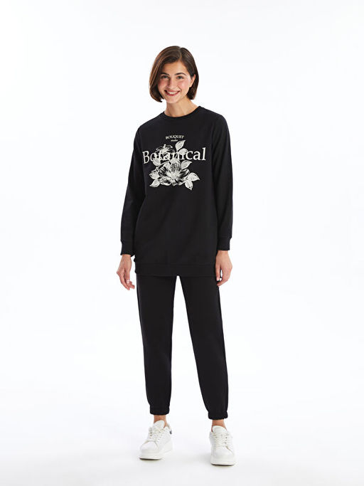 Bisiklet Yaka Bask?l? Kad?n Sweatshirt Tunik