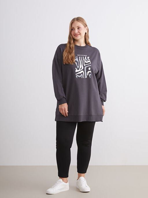Bisiklet Yaka Bask?l? Kad?n Sweatshirt Tunik
