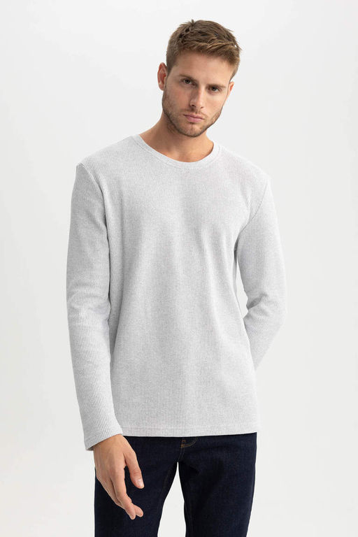 Базовая футболка узкого кроя с круглым вырезом и длинными рукавами - Defacto фото 4