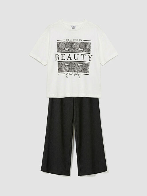 Bisiklet Yaka Bask?l? K?z ?ocuk Ti??rt ve Pantolon