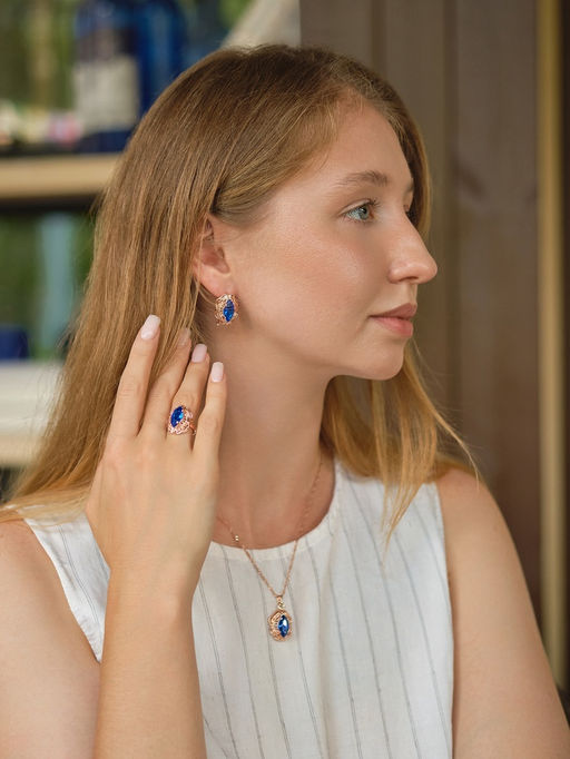 Гарнитур 3 предмета: серьги, кулон, кольцо безразмерное Эдель ажурный овал, цвет син в золоте, 45 см