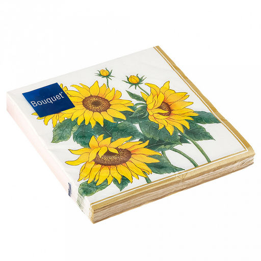 Салфетки бумажные Bouquet 33х33см, 3-х слойные, 20 штук в упаковке, 100% целлюлоза, Подсолнухи в золотой рамке (Россия)