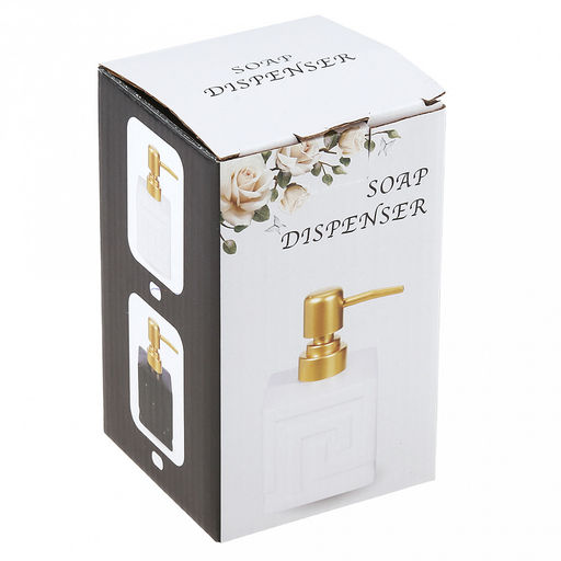 Дозатор для жидкого мыла из полимерного композита "Греция" 350мл, 7,5х7,5х13,5см, фурнитура пластик "под золото", глянцевая глазурь, белый, в коробке (Китай)