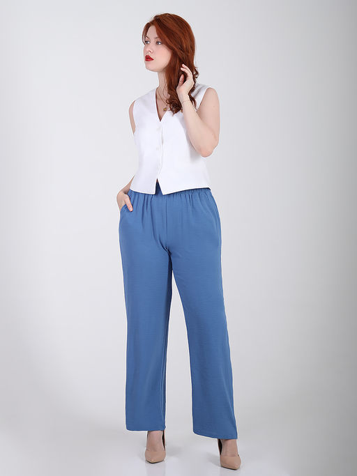 Брюки синие летние на резинке палаццо - Almond фото 5