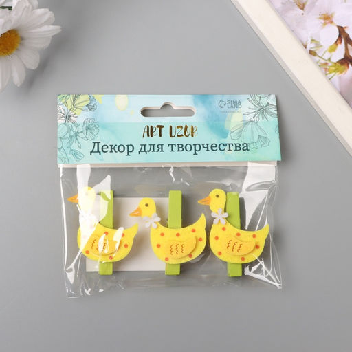 Декор для творчества дерево, фетр Прищепка. Уточка с цветочком, набор 3 шт., 1.8?4?4.9 см