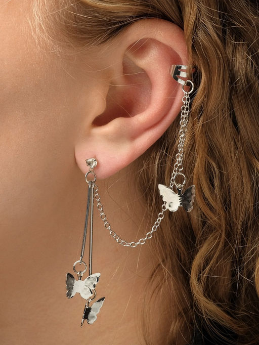 Серьга «Кафф» бабочка, цвет серебро