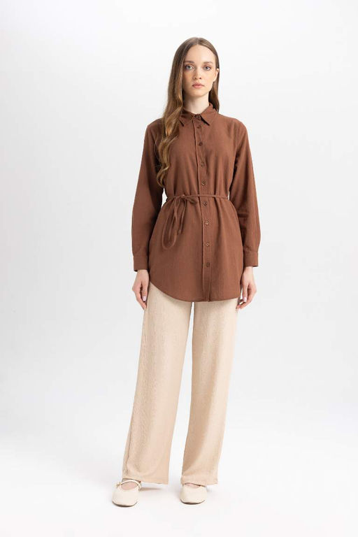 Базовая рубашка-туника из поплина с длинными рукавами стандартного кроя - Defacto фото 2