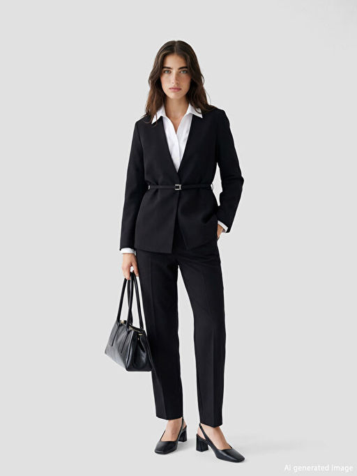 V Yaka Kemerli Kad?n Blazer Ceket