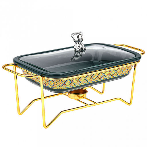 "Мармит Изумруд" Форма для запекания 750мл, прямоугольная, 25,5х15,5см h4,8см, керамика с деколью, цвет - изумрудный, стеклянная крышка с пароотводом, пластмассовая ручка-кнопка "мишка", металическая подставка с ручками, с подогревом на 1 свечу 32,8х