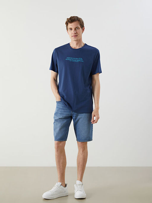 Bisiklet Yaka Bask?l? Penye Erkek Ti??rt