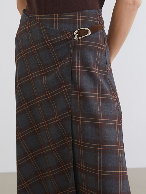 Y?ksek Bel Kemerli Ekose Etek