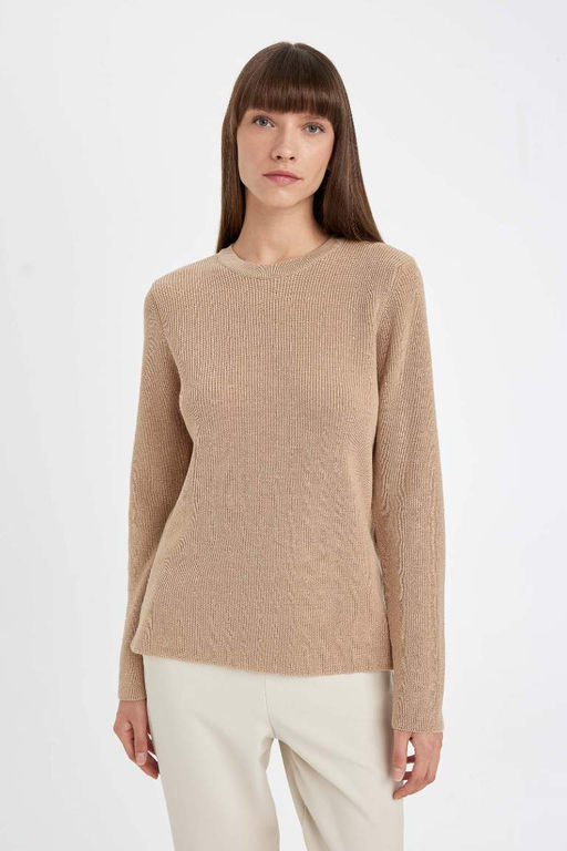 Женский свитер-туника из блестящей ткани обычного кроя с круглым вырезом - Defacto фото 4