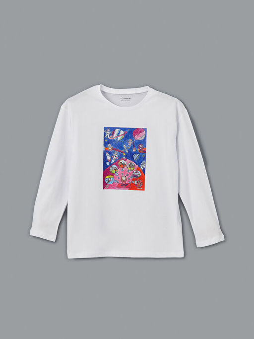 Bisiklet Yaka Bask?l? Unisex ?ocuk Ti??rt
