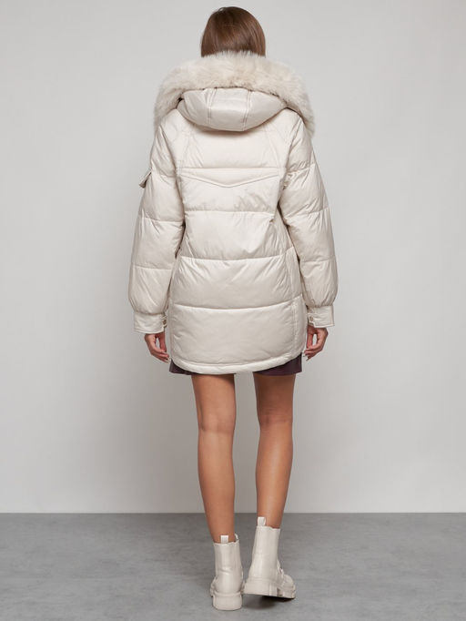 Куртка зимняя женская модная с мехом бежевого цвета 13301B - Visdeer фото 5