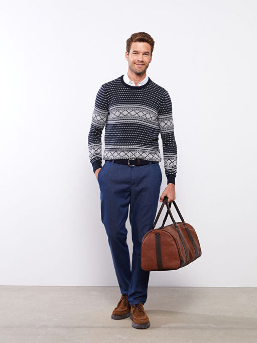 Bisiklet Yaka Uzun Kollu Desenli Erkek Triko Kazak