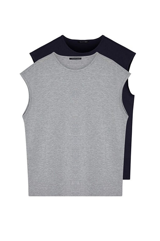Basic Lacivert-Gri 2li Paket Oversize/Geni_ Kesim Pamuklu Kolsuz T-Shirt/Atlet TMNSS22AL0070 - Trendyolmilla фото 2