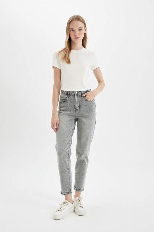 Комфортные джинсовые брюки свободного кроя длиной до щиколотки с высокой талией для мамы и потертостями - Defacto фото 2